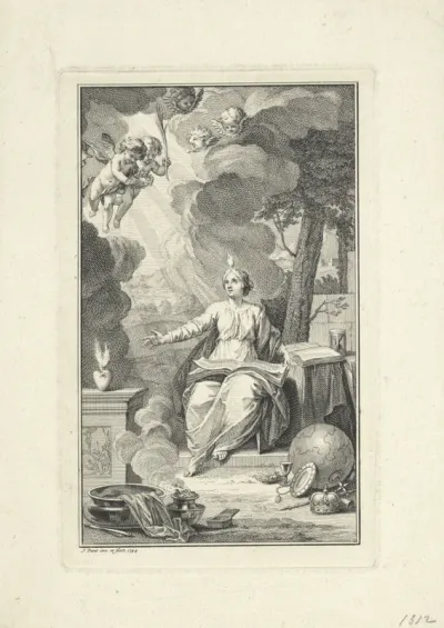 Allegorische voorstelling met een vrouwfiguur in een landschap