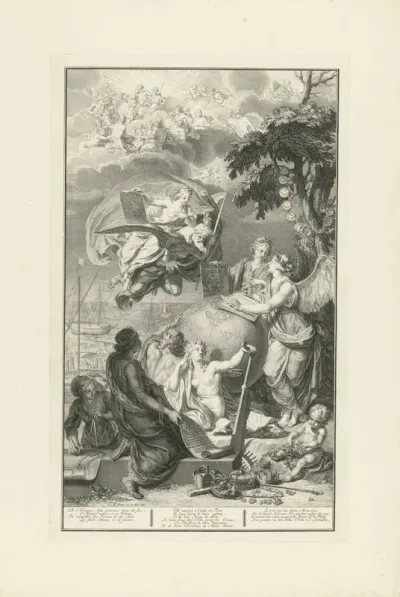 Allegorische voorstelling met figuren en attributen die naar de wereldgeschiedenis verwijzen