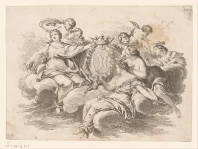 Allegorische voorstelling met figuren op een wolk
