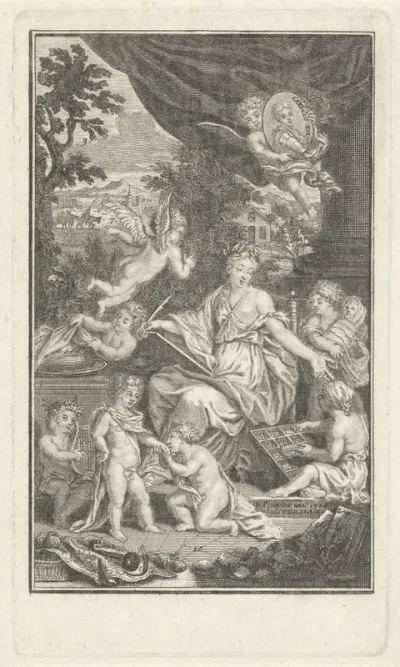 Allegorische voorstelling met Geschiedenis die de levensloop van Karel XII, koning van Zweden, opschrijft