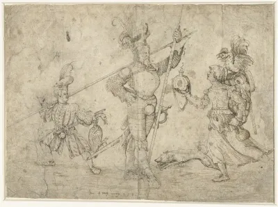 Allegorische voorstelling met hellebaardier, schildknaap en vrouw