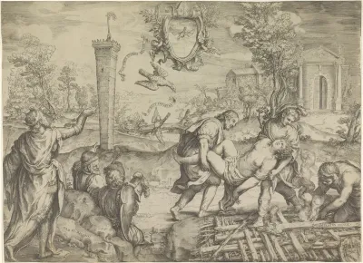 Allegorische voorstelling met koning en vrouw bij brandstapel