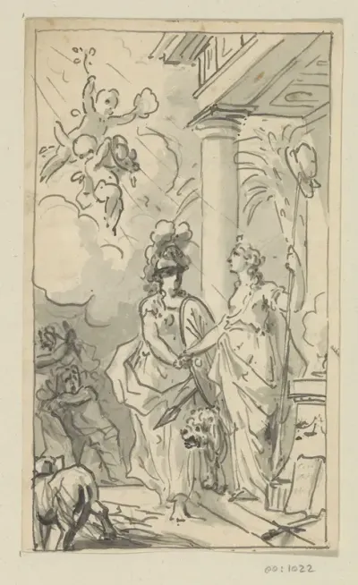 Allegorische voorstelling met Minerva en Vrijheid voor een tempel