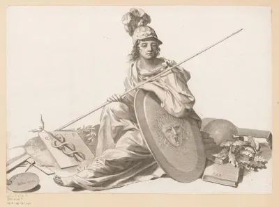 Allegorische voorstelling met Minerva tussen boeken en schilder- en graveermateriaal