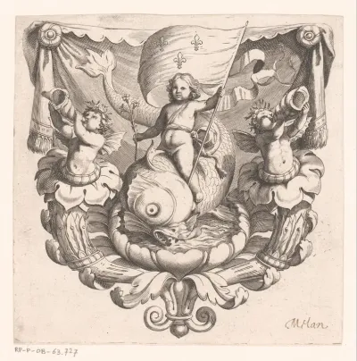 Allegorische voorstelling met mogelijk de Dauphin gezeten op een dolfijn