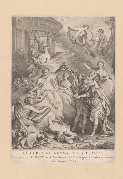 Allegorische voorstelling met portret van kardinaal André-Hercule de Fleury