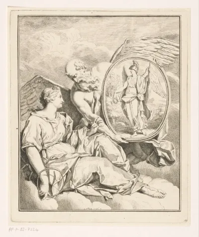 Allegorische voorstelling met Vader Tijd die de personificatie van de eeuwigheid een plaquette van Minerva toont