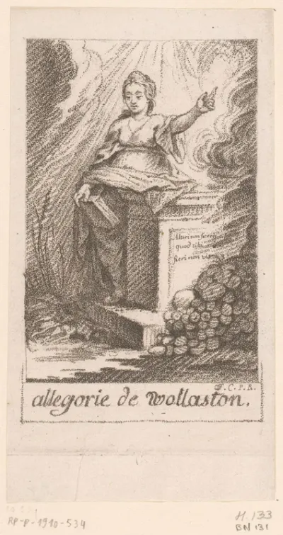 Allegorische voorstelling met wijzende vrouw