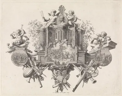 Allegorische voorstelling over muziek rond het portret van Tubal-Kaïn