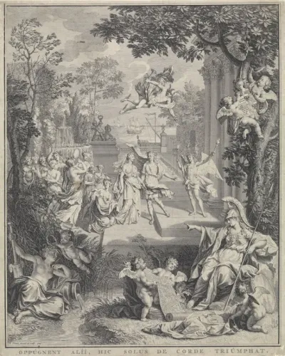 Allegorische voorstelling ter gelegenheid van het huwelijk van Abraham Barnaart en Engeltje van Hoven