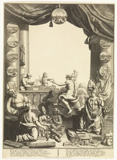 Allegorische voorstelling van Mercurius met personificaties van Afrika, Amerika, Azië en Europa
