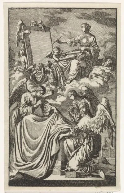 Allegorische vrouwenfiguur beschrijft in de wolken een paneel