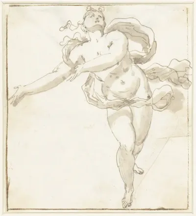 Allegorische vrouwenfiguur (Fortuna?) met wapperende sjerp