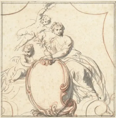 Allegorische vrouwenfiguur met twee putti boven een rocaille cartouche