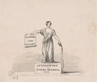 Allegorische vrouwfiguur een fles drank leeggietend en een papier ophoudend met daarop 'gezondheid vrede welvaart'