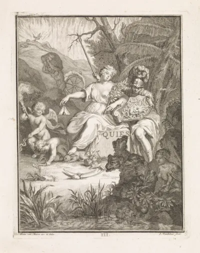 Allegorische vrouwfiguur en Minerva in een landschap