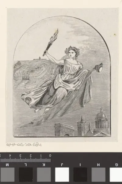 Allegorische vrouwfiguur met een fakkel en een lantaarn boven een stad