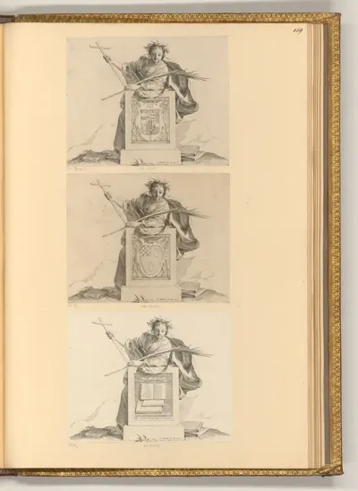 Allegorische weibliche Figur mit Kreuz, Palme und Lorbeerkranz vor einem Steinsockel
