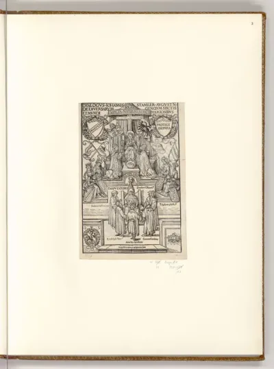 Allegorisches Frontispiz: Dialogus de diversarum gencium sectis et mundi religionibus