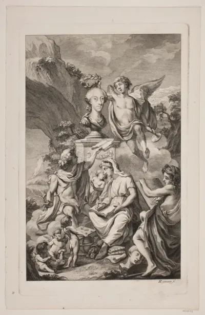 Allegorisk fremstilling af Fama der bekranser en dansk konge, Christian VII eller Frederik V?