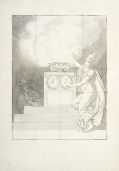 Allegorisk komposition: Athena foran et alter med rygende trefod, hvorfra en gammel kvindeskikkelse flygter