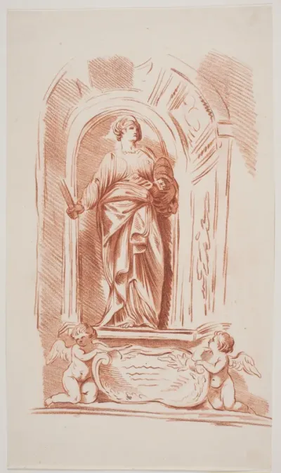 Allegorisk kvindeskikkelse i gevandt med nøgle, tiara og en stav (?). Stående i en niche. Forneden to englebørn og et skjold (?)