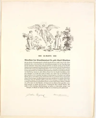 Allegorisk tegning på adresse til museumsdirektør Karl Madsen i anledning af dennes 70-års dag d.22.3. 1925.