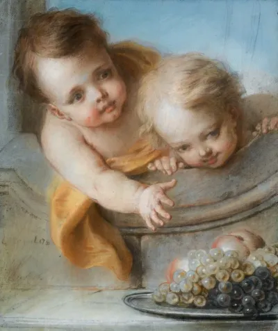 Allegory of autumns, Two children holding a tray with peaches and grapes