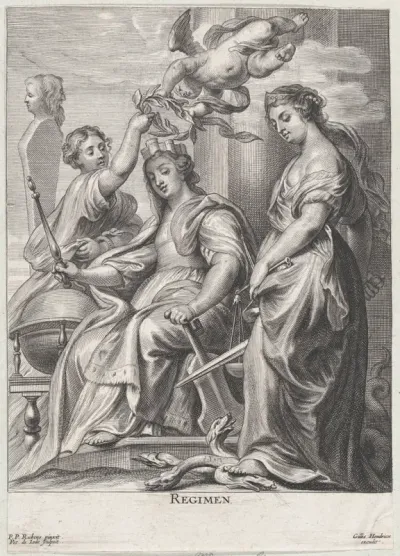 Allegory of Good Government, seated at center and being crowned by a putto and a woman at left, Justice standing atop a hydra at right
