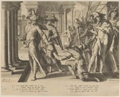 Allegory of Justice depicting a street scene with a shepherd giving a sheet of paper to a judge at left, who rejects it, plate 11 from "Thronus Justitiae, tredecim pulcherrimus tabulis..."