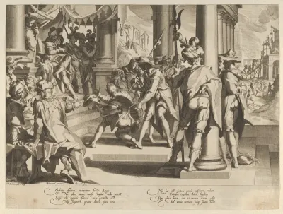 Allegory of Justice (Sanctity of the Law) with a court scene depicting a man being pardoned by a judge, plate 12 from "Thronus Justitiae, tredecim pulcherrimus tabulis..."