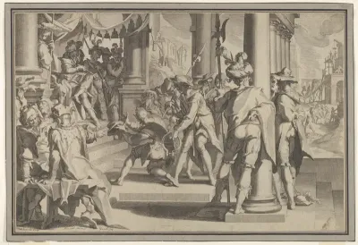 Allegory of Justice (Sanctity of the Law) with a court scene depicting a man being pardoned by a judge, plate XII from "Thronus Justitiae, tredecim pulcherrimus tabulis..."