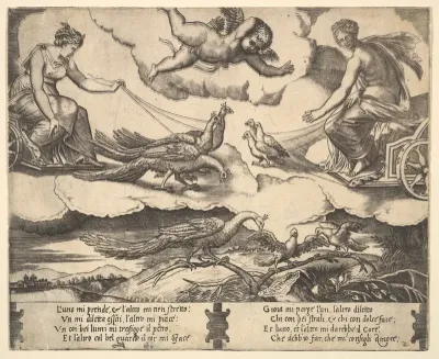 Allegory of Marriage and Love; Juno in a chariot drawn by peacocks at left, Venus in a chariot drawn by three doves at the right