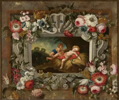Allegory of summer in a circle of flowers