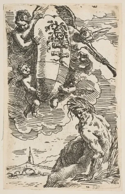 Allegory of the Foglia River with the city of Pesaro's coat of arms, frontispiece for "Il Pesarese"