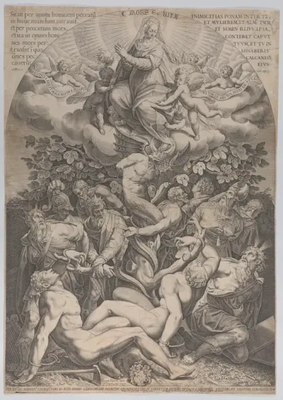 Allegory of the Immaculate Conception, with Adam, Eve, kings, priest, soldier and Moses tied at the bottom of a fig tree, and the Virgin sitting on cloud overhead, surrounded by angels