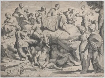 Allegory with Minerva at right, leading a young man towards Mount Parnassus, where the Muses sit