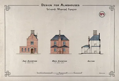 Almshouse, Salisbury: side and back elevations and section