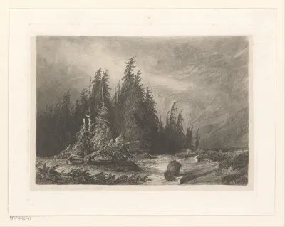 Alpenlandschap met dennenbomen aan het water