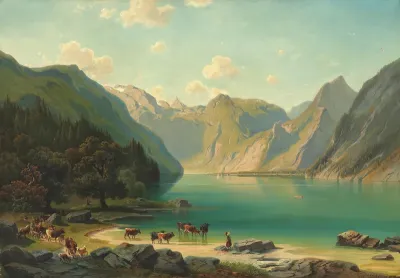 Alpine landscape, Watering  the  cows