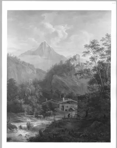 Alpine landscape with ruins + peasanthouse