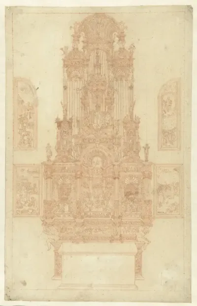 Altaar met de inwijding van H. Nicolaas als bisschop omringd door bijbelse voorstellingen
