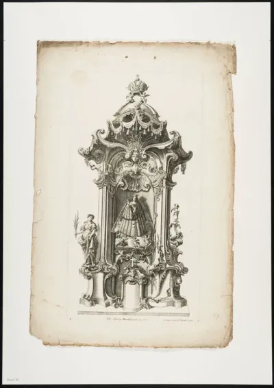 Altar decorated with columns, canopy, putti, a mask and Mary with child