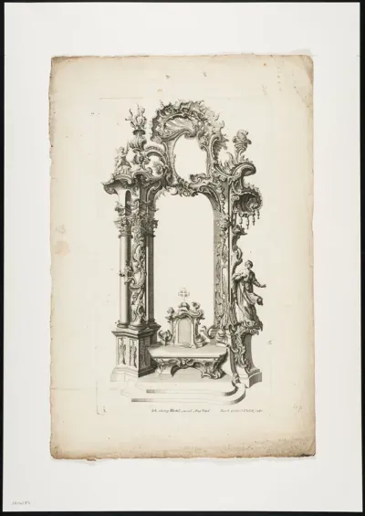 Altar decorated with columns, putti, leaf motifs and Rococo elements