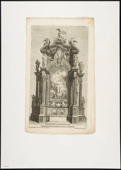 Altar decorated with columns, putti, saints and depiction of the resurrection