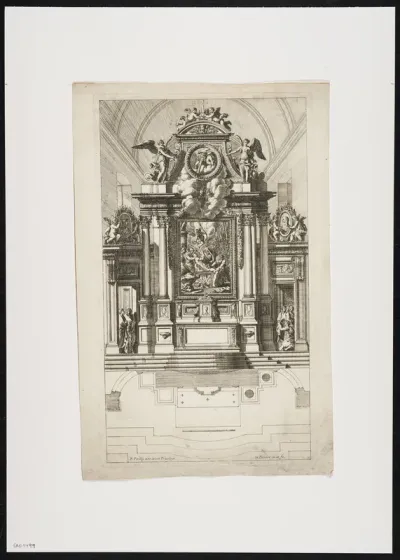 Altar with biblical scene, angels, putti and columns; with ground plan