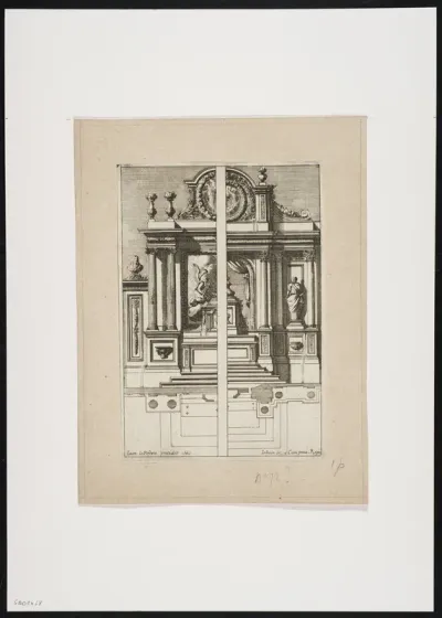 Altar with depiction of the Annunciation, ionic columns and ground plan