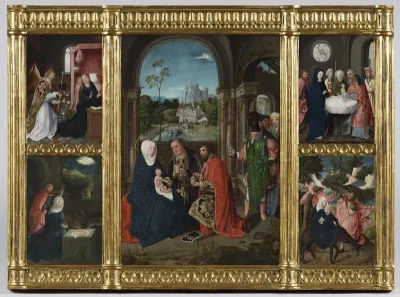 Altarpiece showing scenes from the Infancy of Christ: The Adoration of the Magi [center]; The Annunciation; The Presentation of Christ in the Temple; The Flight into Egypt; The Nativity [clockwise from upper left]