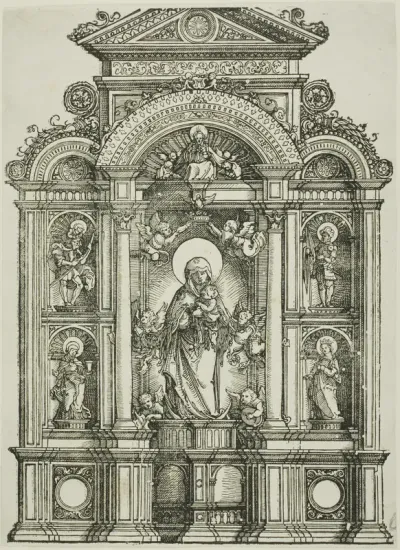 Altarpiece with the Beautiful Virgin of Regensburg and Saints Christopher, Mary Magdalen, Florian and Catherine Standing in Niches, with God the Father Above