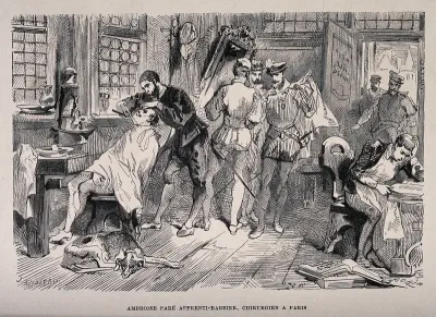Ambroise Paré, as an apprentice barber-surgeon in a busy shop in Paris
